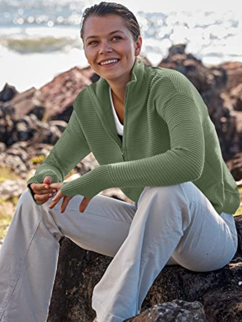 Long Sleeve Quarter Zip Pullover Sweater Casual V Neck Ribbed Knit Thumb Hole - Picture 5 of 7